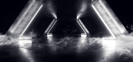 Smoke Neon Laser Glowing White Sci Fi Futuristic Grunge Concrete Triangle Shape Tunnel Corridor Showroom Night Dark Empty Background Spaceship Club 3D Rendering