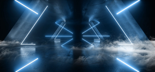 Smoke Neon Laser Glowing Blue Triangle Corridor Sci Fi Futuristic Hallway Tunnel Underground Alien Spaceship Dance Disco Showroom Background Vibrant Beam Gateway 3D Rendering