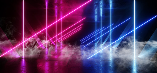 Fototapeta premium Smoke Neon Laser Glowing Purple Blue Triangle Corridor Sci Fi Futuristic Hallway Tunnel Underground Alien Spaceship Dance Disco Showroom Background Vibrant Beam Gateway 3D Rendering