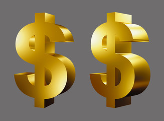 Gold dollar sign isolated on gray background 3D render