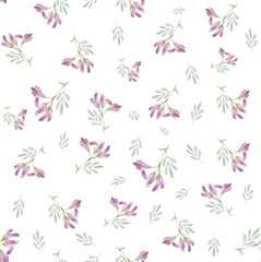 Purple watercolor flowers on a seamless white background