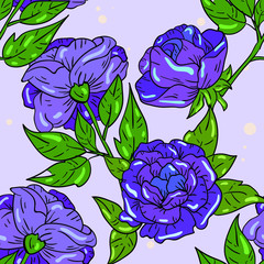Vector seamless pattern with violet roses on blue background with circles. Wallpaper, textile and fabric design. Good for printing. wrapping paper pattern. Cute pattern.