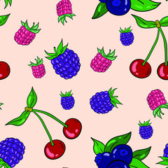 Seamless vector pattern with cherry, berry, blackberry, blueberry and raspberry on pink background. Good for printing. Wallpaper and fabric design. Wrapping paper pattern. Cute pattern idea.