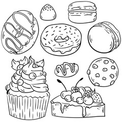 Vector contour illustration with, cake, muffin, cupcake, cookie, chocolate, candy, donut and macaroon on white background. Good for printing. Coloring book idea. Doodle style.