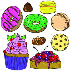 Vector set of illustration with donut, chocolate, candy, macaroon, cake, cupcake and cookie on white background.Good for printing. Postcard and logo elements. Cartoon hand drawn illustration.