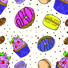 Seamless vector pattern with donut, sweets, cupcake, candy and macaroon on white background. Good for printing. Wallpaper, fabric and textile design. Wrapping paper pattern.