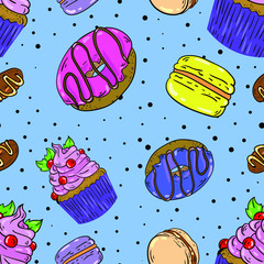 Seamless vector pattern with donut, sweets, cupcake, candy and macaroon on blue background. Good for printing. Wallpaper, fabric and textile design. Wrapping paper pattern.