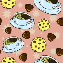 Seamless vector pattern with coffee, chocolate candy and cookie on beige background. Cute wrapping paper pattern. Wallpaper, textile and fabric design. Good for printing.