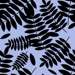 Seamless vector pattern with black tropical leaf on blue background. Good for printing. Wallpaper and fabric, textile design. Wrapping paper pattern. 