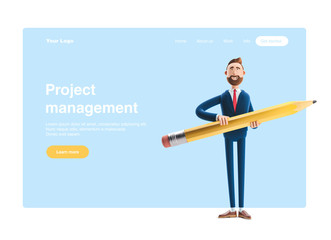 3d illustration. Businessman Billy with a big pencil. Web banner, start site page, infographics,  project management concept.