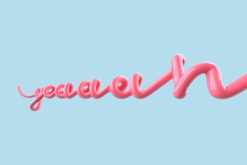 3d calligraphy word "yeah" with 3 letters "a". Minimal glossy pink text isolated on blue background. Rendering concept for party.