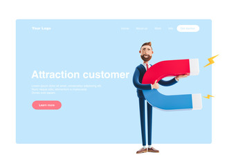 3d illustration. Portrait of a handsome businessman with magnet. Web banner, start site page, infographics, attraction customer concept.