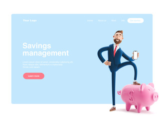 3d illustration. Portrait of a handsome businessman with piggy bank. Safe money storage concept. Web banner, start site page, infographics.