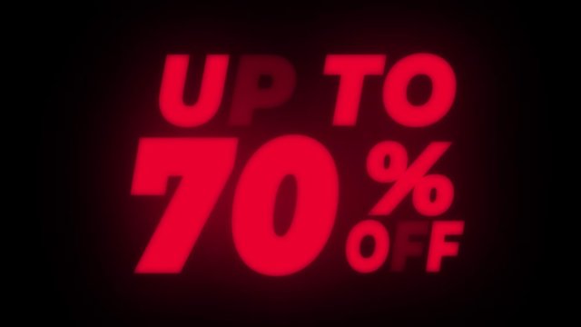 Up To 70% Percent Off Text Blinking & Flickering Neon Red Sign Promotional Loop Background. Sale, Discounts, Deals, Special Offers. Green Screen and Alpha Matte