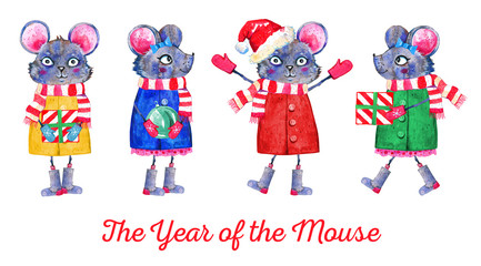 Set with four cartoon mouse characters in different poses. Hand drawn watercolor illustration. Mice with gifts and toys