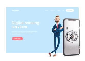 3d illustration. Businessman Billy with a telephone in the form of a safe. Mobile banking concept. Online Bank. Web banner, start site page, infographics.