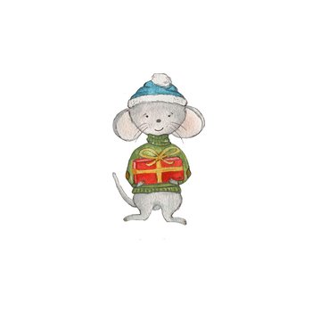 New Year's mouse with a gift drawn by hand in watercolor paints. A cute little mouse is perfect for decorating New Year's printing and design