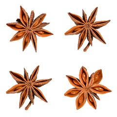 Star anise. Set of four star anise fruits. Closeup Isolated on white background without shadow, top view of chinese badiane spice or Illicium verum.