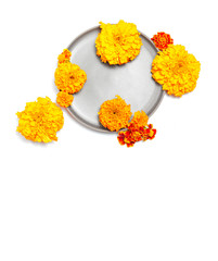 beautiful composition of orange flowers and plate on a white background. fall floral banner. flat lay, top view