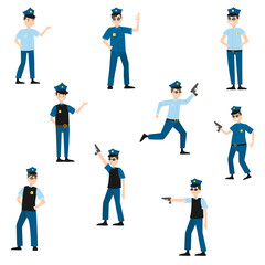 Fototapeta na wymiar Police officer in different poses set. Raster illustration in flat cartoon style