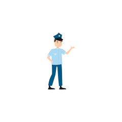 Policeman standing in a pose. Raster illustration isolated on white background