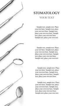 Dentist equipment: two dental mirrors and diagnostic probes. Dental tools isolated on white background with copy space for your text with sample, close up, mockup