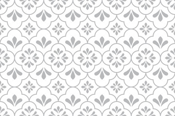 Flower geometric pattern. Seamless vector background. White and grey ornament. Ornament for fabric, wallpaper, packaging. Decorative print.