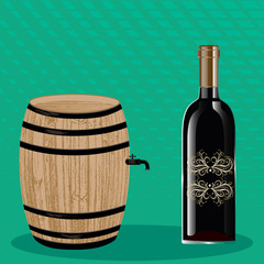 Wooden barrel with a tap, a bottle of red wine with vintage decor, - abstract Neo mint background with geometric shapes - vector.
