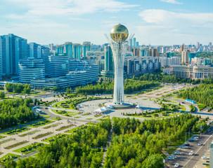 Aerial view of the Baiterek Tower in Nur-Sultan (Astana), Kazakhstan - obrazy, fototapety, plakaty