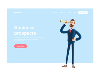 3d illustration. Businessman Billy  looking in future with spyglass . Web banner, start site page, infographics, business prospects concept.