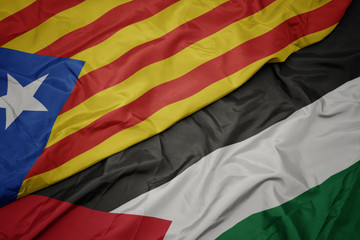 waving colorful flag of palestine and national flag of catalonia.