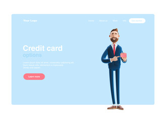 3d illustration. Businessman holding credit card. Web banner, start site page, infographics, bank concept.