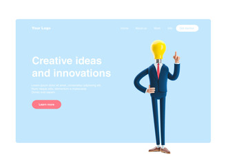3d illustration. Businessman Billy with yellow bulb. Innovation and inspiration concept. Web banner, start site page, infographics.