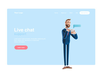 3d illustration. Businessman send message from phone. Web banner, start site page, infographics, concept.