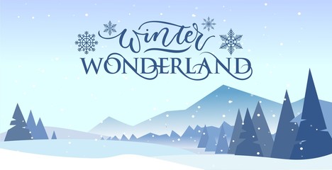 Winter wonderland banner vector illustration. Greeting postcard with picturesque view on snowy mountains and trees decorated with snowflakes. Xmas eve concept - obrazy, fototapety, plakaty