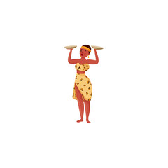 African woman carrying plates on hands. Raster illustration in flat cartoon style