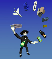 A rich businessman character is juggling with various valuable assets 3D illustration. Perspective, gradient blue background. Collection.
