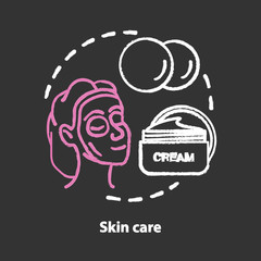 Skin care chalk concept icon. Cosmetology, beautician salon, SPA facial procedures idea. Skincare and face treatment products. Moisturising cream. Vector isolated chalkboard illustration