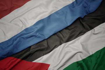 waving colorful flag of palestine and national flag of luxembourg.