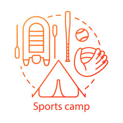 Sports camp concept icon. Summer active and competitive club, holiday resort idea thin line illustration. Sport, health oriented community. Vector isolated outline drawing. Editable stroke