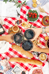 Summer picnic holidays. Top view friends clink glasses on checkered blanket background. Instagram content.