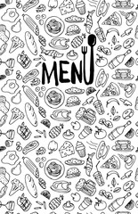 Cafe restaurant menu cover design template. Title page with hand drawn food doodle outline colored sketch pattern on white background. Vector cooking element illustration - obrazy, fototapety, plakaty