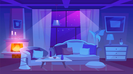 Living room furnishing night view flat vector illustration. Classic style dwelling place interior. Cartoon fireplace decorated with stylish candles. Elegant sofa and armchair with cushions on floor