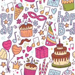 Seamless pattern happy B-day. Holiday, event, anniversary party invitation card. Vector cartoon illustration.