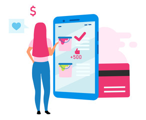 Girl buying paint online flat vector illustration. Woman choosing paint color using mobile shopping application cartoon character. Digital purchase, e-commerce. Consumerism and merchandise