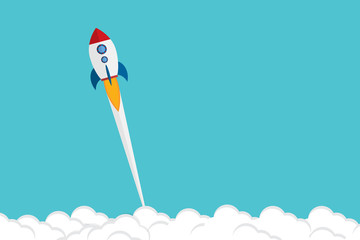 App launch. Startup vector concept, flat cartoon rocket or rocketship launch, mobile phone or smartphone, idea of successful business project start up, boost technology, innovation.