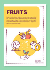 Fruit production poster template layout. Farming organic produce. Banner, booklet, leaflet print design with linear icons. Vector brochure page layouts for magazines, advertising flyers