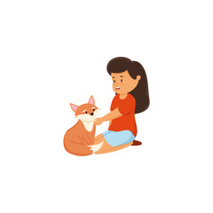 Little girl sitting with a fox . Raster illustration in flat cartoon style