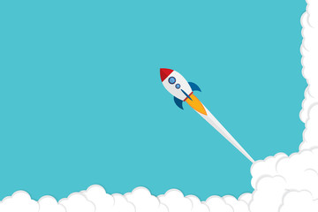 App launch. Startup vector concept, flat cartoon rocket or rocketship launch, mobile phone or smartphone, idea of successful business project start up, boost technology, innovation. - obrazy, fototapety, plakaty