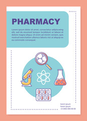 Pharmaceutical industry poster template layout.  Drugs production. Banner, booklet, leaflet print design with linear icons. Vector brochure page layouts for magazines, advertising flyers